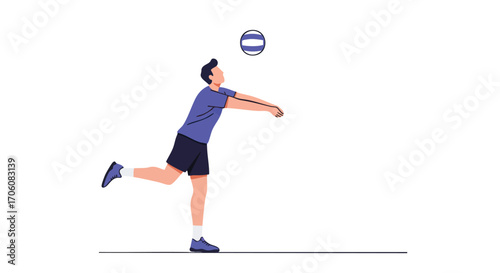 Young male athlete in blue sportswear bumping a volleyball flat vector illustration.