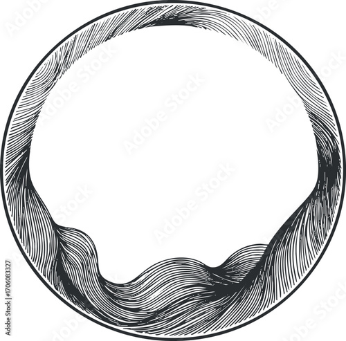 A decorative circular frame with flowing wave patterns suitable for various artistic uses.