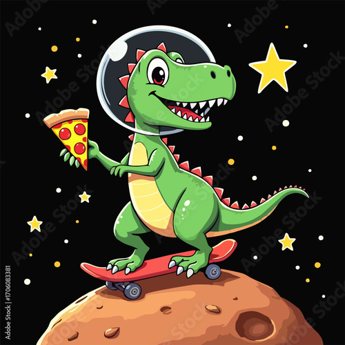 Vector drawing for children, teenager t-shirt. 
Cute green dinosaur in space with pizza, star, moon, asteroid on skateboard isolated on black background. Cartoon design for fabric, paper, clothing. 