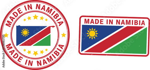 Made in Namibia Stamp, Round and Rectangle Namibian Flag Badges with Star Details