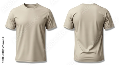 Plain Beige T-Shirt Front and Back View Isolated on White Background.