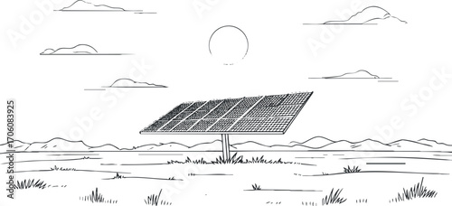 Illustration of a solar panel in a rural landscape under a bright sun with clouds.