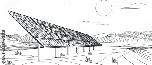 A black and white illustration of a solar panel installation in a scenic landscape.