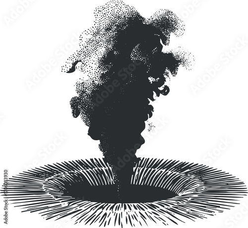 An artistic illustration of a swirling vortex of smoke in stark black and white.