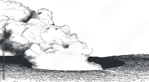 Illustration of a volcanic eruption with smoke and ash billowing from the crater.
