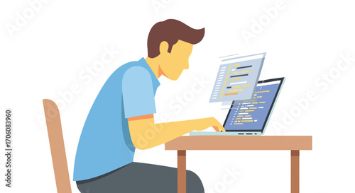 Young male programmer sitting at a desk and coding on a laptop computer flat vector illustration.