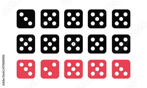 Set of 10 dice in three rows showing different numbers with black and red dice on white and gray checkered background