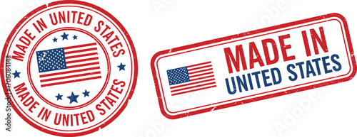 Made in USA Stamps Featuring US Flag In Circle and Rectangle Design on White Background