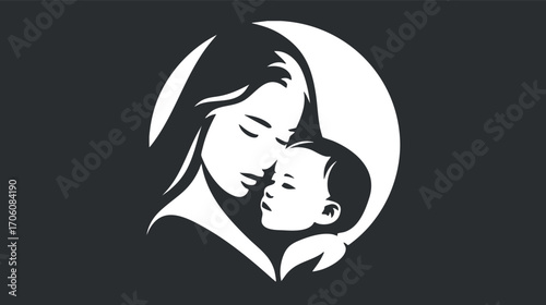A simple silhouette of a mother lovingly embracing her child, symbolizing love and nurturing.