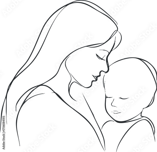 A tender line art illustration of a mother embracing her child in a loving moment.