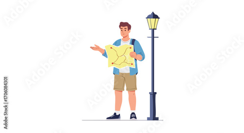 Young male tourist with a backpack holding a paper map next to a street lamp.
