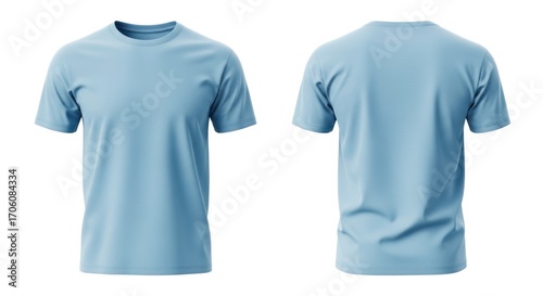 Front and back view of a light blue short-sleeved t-shirt on a white background.
