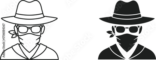 Man with Bandana, Hat & Glasses Front View, Bold Style in Two Variations