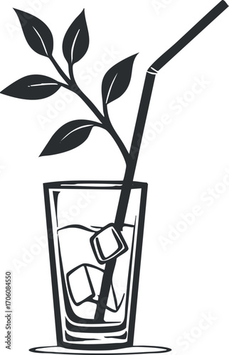 A refreshing beverage with ice and mint leaves in a tall glass.