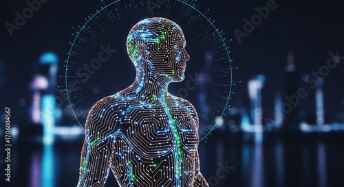 Digital human body with glowing circuit patterns on dark background. Artificial intelligence in healthcare. Futuristic medical technology and biometric data concept