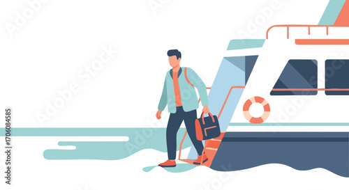 Young male traveler with a backpack and handbag disembarking from a modern ferry boat.
