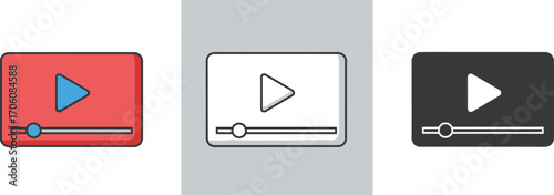 Media Player Icons Set Play Button, Red, White, Black, Grey Flat