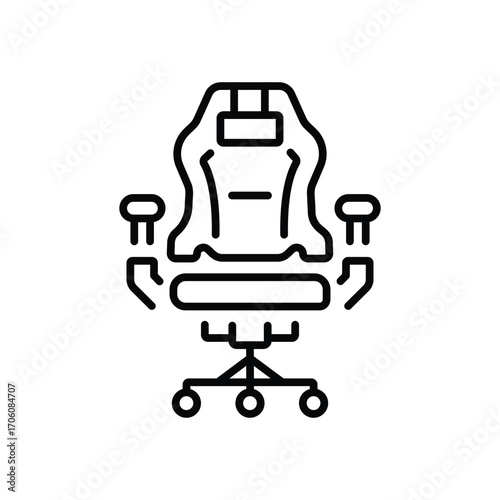 A black outline of a gaming chair with headrest back support armrests seat and wheels