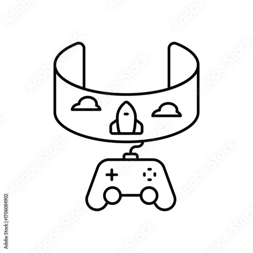 A blackandwhite illustration depicts a virtual reality setup featuring a curved screen and a wired video game controller