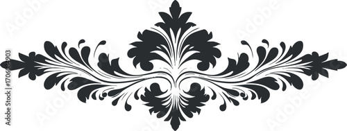 A decorative ornamental design featuring intricate floral patterns and elegant swirls in black and white.