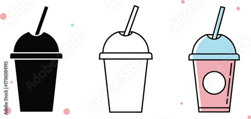 Milkshake Icon Set with Straw Black Silhouette, Outline and Pink and Blue Fill
