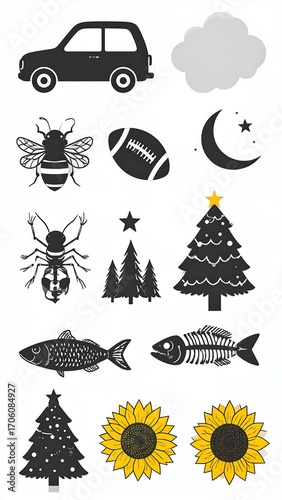 Simple black and gray silhouettes of objects