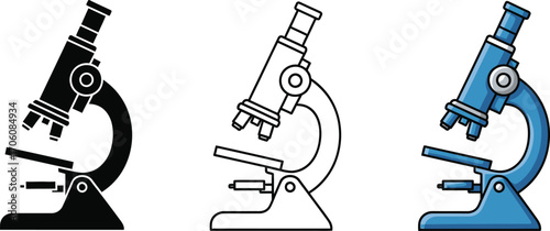 Microscope Icon Set Silhouette, Outline, and Blue Cartoon Design on White