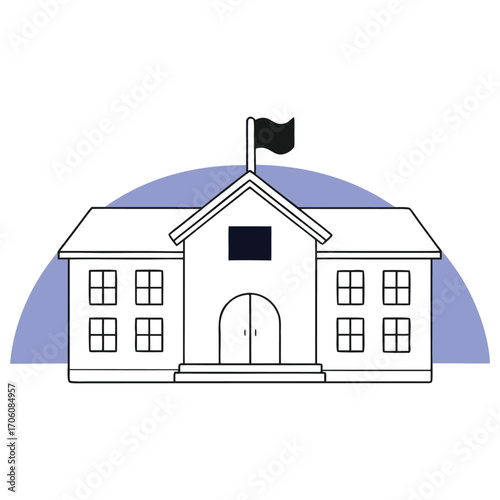 Vector art of a simple line drawing of a school building with a flag on top