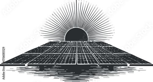 Illustration of solar panels with a rising sun, symbolizing renewable energy and sustainability.