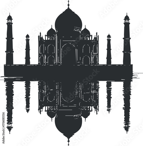 Silhouette of the Taj Mahal with reflection on water showcasing its architectural beauty and elegance.
