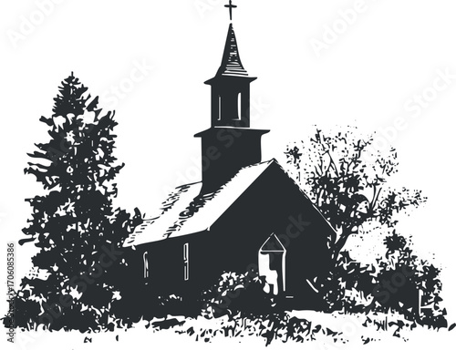 A silhouette of a quaint church surrounded by trees and nature in a peaceful landscape.