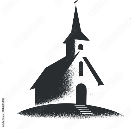 A minimalist illustration of a church building with a steeple on a hill.