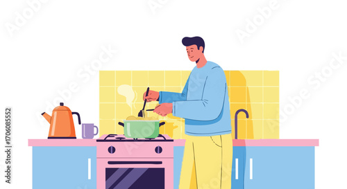 Young man in a blue sweater cooking a meal stirring a steaming pot on a colorful kitchen stove.