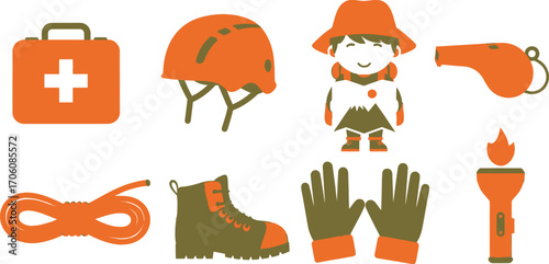 Mountaineering Adventure Gear Icons First Aid, Helmet, Hiker, Torch, Rope, Boot