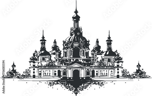 A detailed black and white illustration of a historic architectural landmark with ornate features.