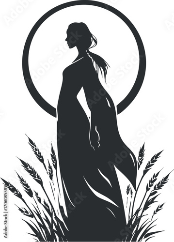 A graceful silhouette of a woman in a flowing dress surrounded by nature and a circular backdrop.