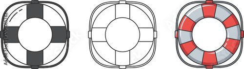 Nautical Lifebuoy Icons Safety Equipment Rings in Flat Style, Outline Version, and Colored