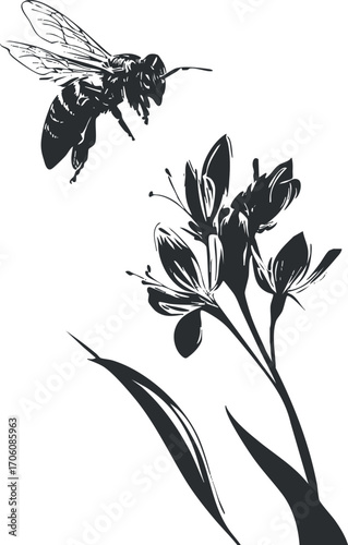 A black and white silhouette of a bee hovering over a flower, representing nature and pollination.