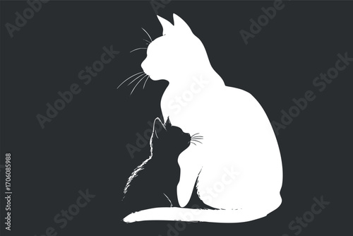 A minimalist silhouette illustration of a mother cat and her kitten sitting together.