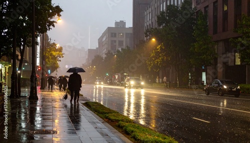 peaceful rainy day in a quiet city street. The pavement is wet
