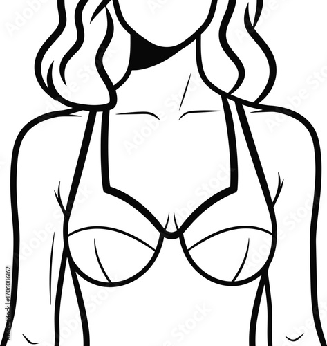 Black and white vector illustration of woman in halter bikini top, summer fashion, swimwear design, beach style, and vacation concept