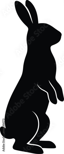 Minimal vector silhouette, standing rabbit on hind legs, side profile, solid black