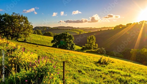 bright and sunny landscape during the golden hour. Sunlight bathes a rolling country