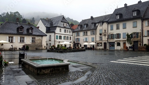 A charming small town on a rainy day, with cobblestone street