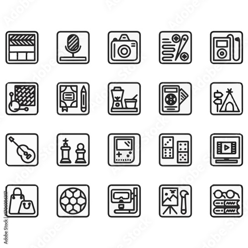 Diverse icons representing hobbies, technology, and daily life activities in a clean, modern style
