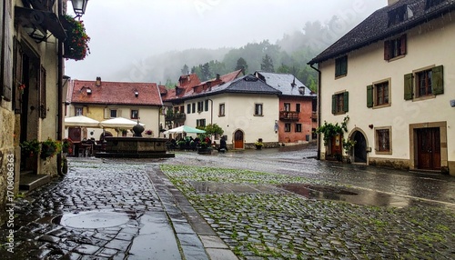 A charming small town on a rainy day, with cobblestone streets