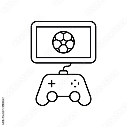 A gaming system with a screen displaying a soccer ball and a controller