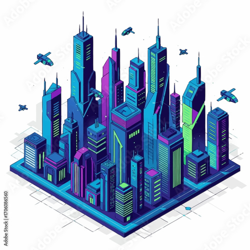 Futuristic Cityscape Isometric Illustration of a Modern Metropolis with Flying Vehicles