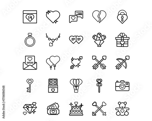 Celebrate love with charming heart, gift, and romance icons collection