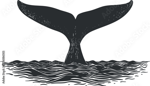 Illustration of a whale tail emerging from ocean waves in a stylized design.